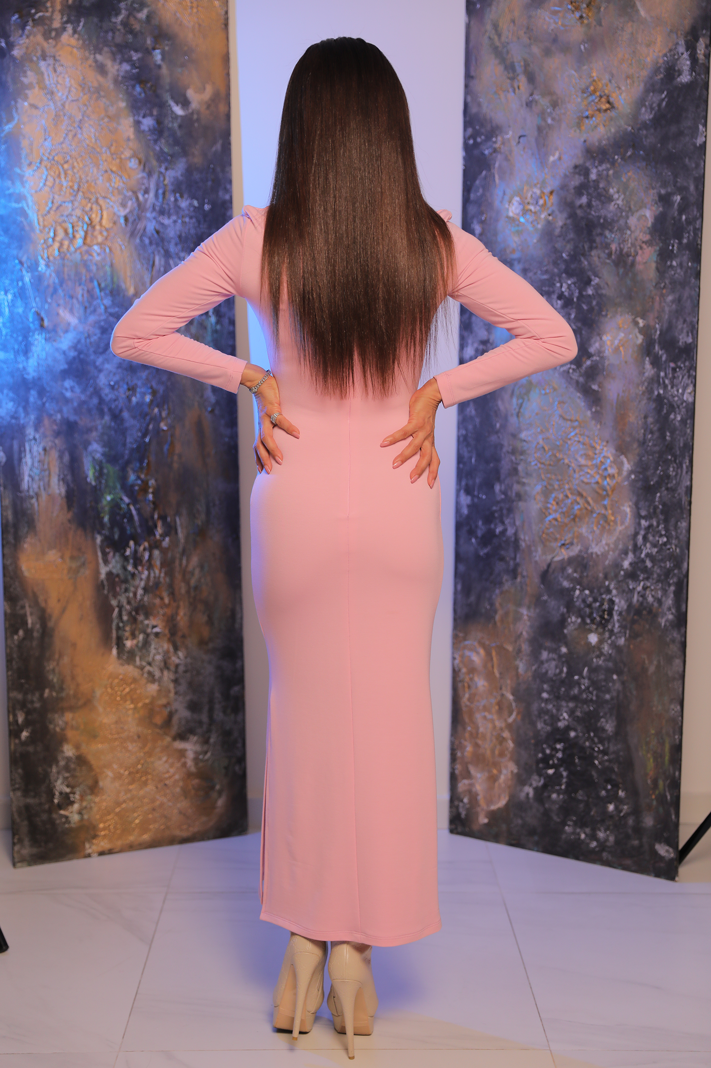 Chic Pink Long Sleeve Dress with Removable Swarovski Necklace