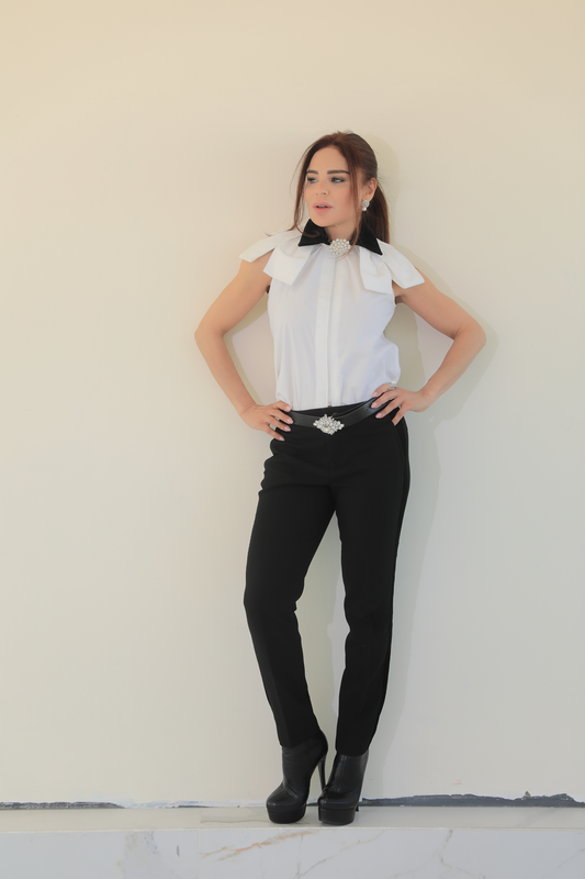 White Blouse with Velour Neck