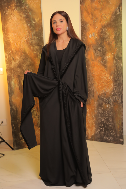 Elegant Black Abaya with Guipure Embroidery