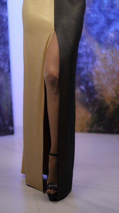 Half Gold, Half Black Satin Stretch Dress