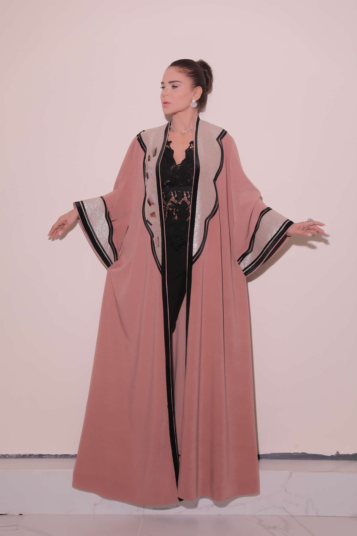 Beige Pink Silver Abaya