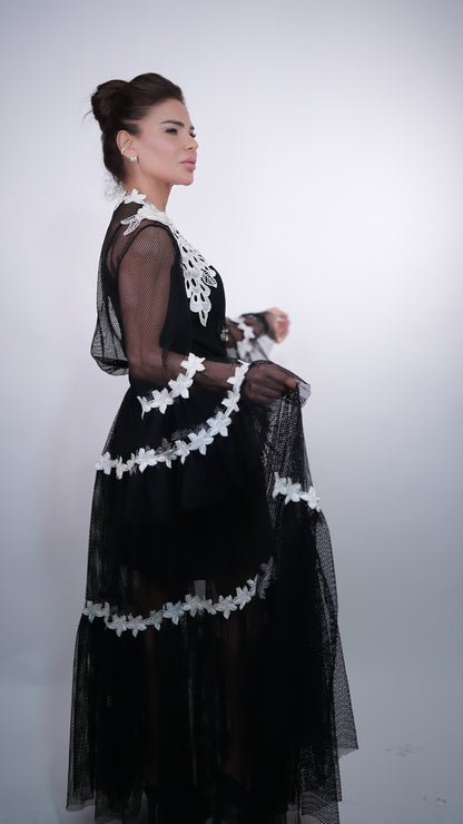 Black Flower Tulle Abaya